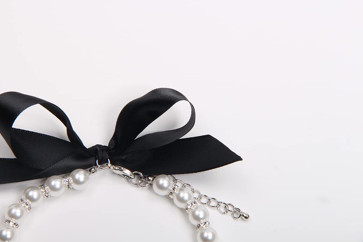 Dog Cat Pearls Necklace Collar with Bling Accessories and Ribbon Bow Pet Puppy Jewelry for Female Dogs Cats Small Medium (XL, Pink)