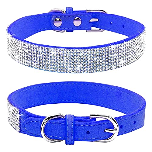 Rhinestone Dog Collar, Cute Dazzling Sparkling Soft Suede Leather Dog Cat Rhinestone Collar Crystal Diamond Pet Dog Puppy Collar (XS, Blue-1)