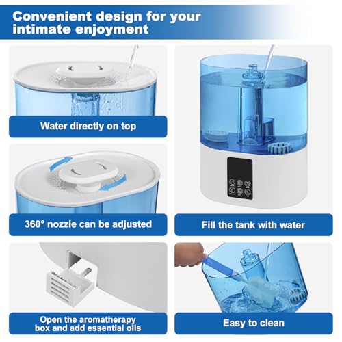 6L Humidifiers for Bedroom Large Room Home, Cool and Warm for Baby and Plants Mist Top Fill Desk Humidifiers Essential Oil Diffuser, Quiet with Adjustable Mist,360°Nozzle-Black