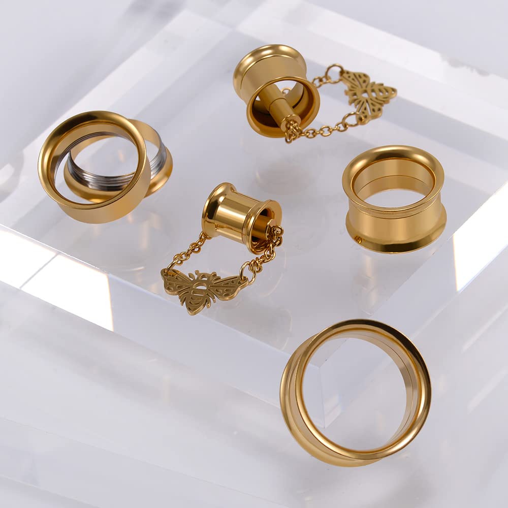 2PCS Stainless Steel Ear Gauges Tunnels Hollow Spider Bee Bat Chain Screw Fit For Men Women 6mm-25mm