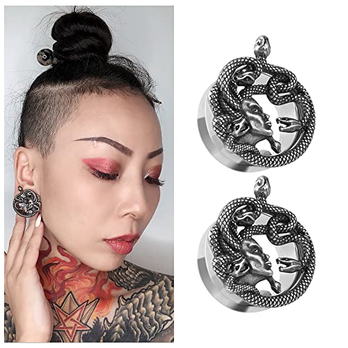1 Pair Stainless Steel Ear Gauges Tunnels Ouroboros Snake Eat Tails Silver Vintage 2g-1 Inch Double Flare For Men For Women