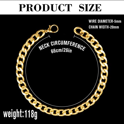 18K Gold Plated Dog Chain Collar-3/4 Inch (20mm) Width Cuban Link Durable Dog Necklace, Cute Fashion Pet Collar for Pit Bulldog, Light Metal Jewelry Bold Chain Puppy Accessories (26 inch, Gold)