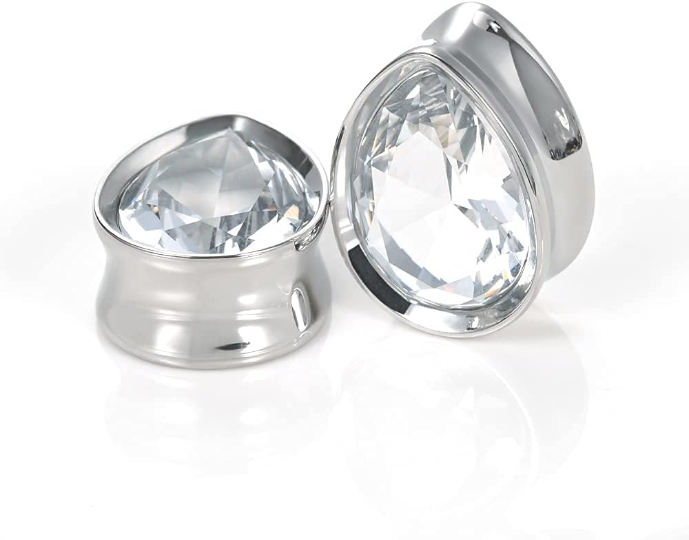 Surgical Steel Teardrop Zircon Double Flared Ear Tunnels and Plugs Stretcher Expander Sold As Pair Gauge 8mm-25mm