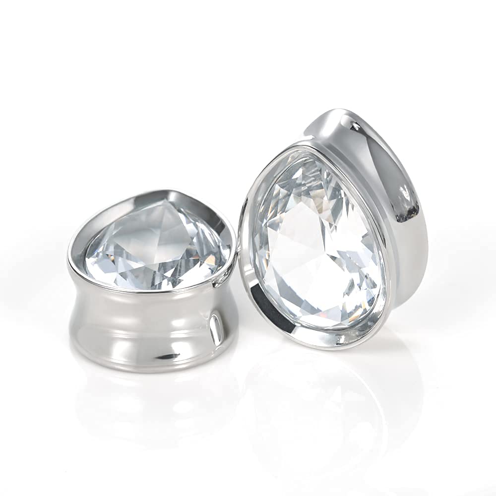 Surgical Steel Teardrop Zircon Double Flared Ear Tunnels and Plugs Stretcher Expander Sold As Pair Gauge 8mm-25mm