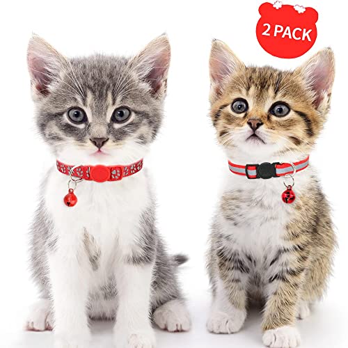 Taglory Reflective Cat Collars Breakaway with Bell, 2-Pack Girl Boy Pet Kitten Collar Adjustable 7.5-12.5 Inch, Green