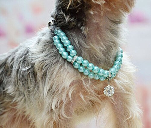 Luxury 2 Row Pearls Rhinestones Pet Cat Dog Necklace Collar Jewelry with Bling Crystal Ball Charm Pendant for Pets Cats Small Dogs Female Puppy Chihuahua Yorkie Girls Costume Outfits
