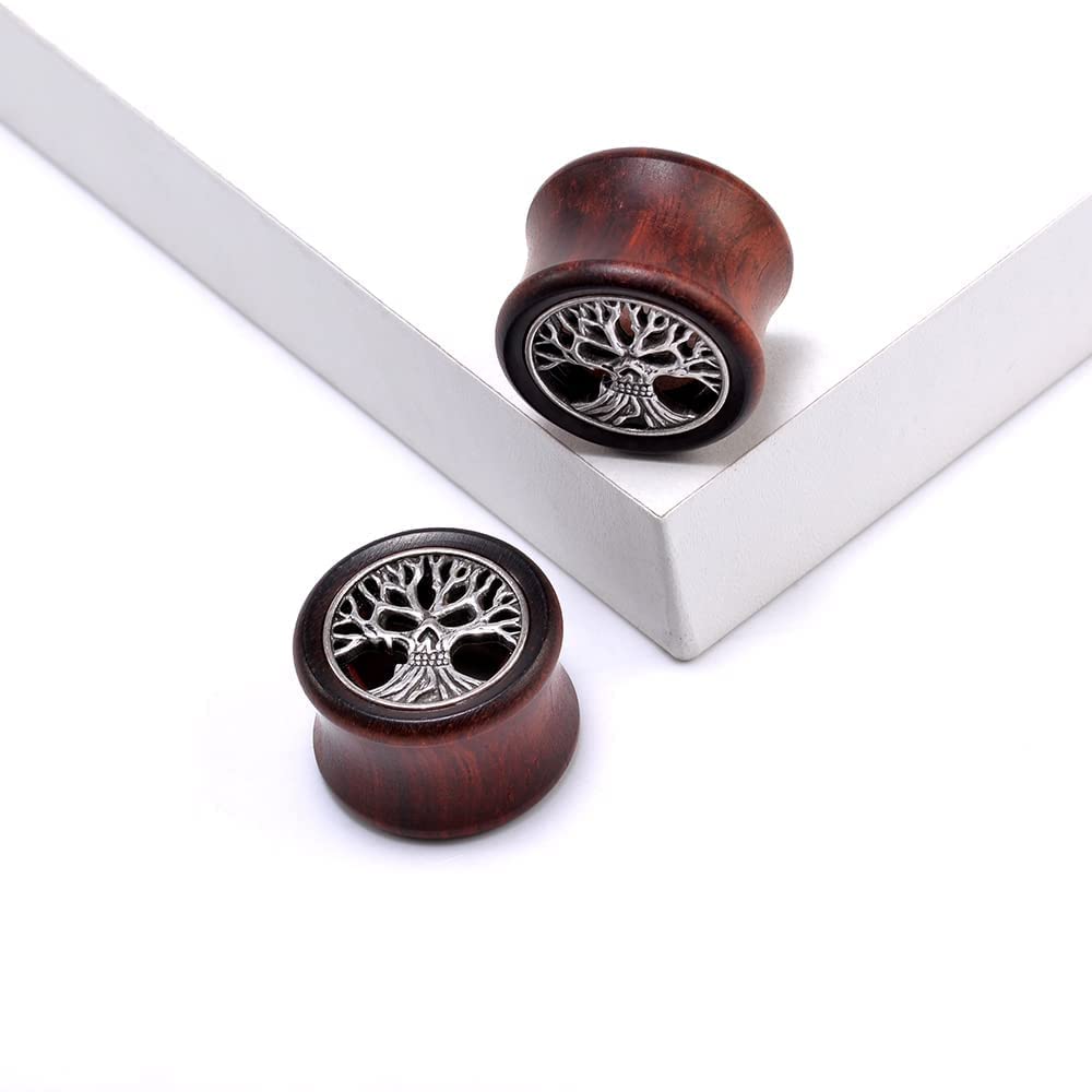 2PCS Organic Red Sandalwood Hollow Double Flared Ear Gauges Tunnels Expander Tree Of Life Jewelry For Man For Woman Body Piercing Jewelry 0g-1 inch.