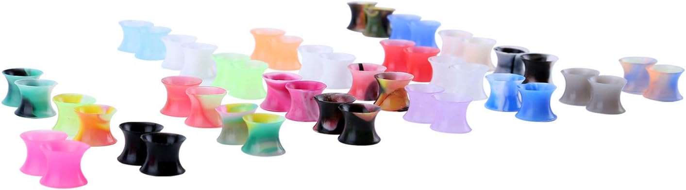 WBRWP 48/32/24/22/20/16/12pcs Ear Tunnels and Plugs - Double Flared Hollow Hard/Soft Silicone Ear Gauges - Ear Expander Stretcher Body Piercing Jewelry 8g-1"