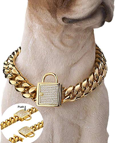Gold Dog Chain Collar 10mm Wide Cuban Link Puppy Collar 316L Stainless Steel with CZ Diamond Lock Bling Collar for Large Medium Small Dogs(10mm Gold,10inches)