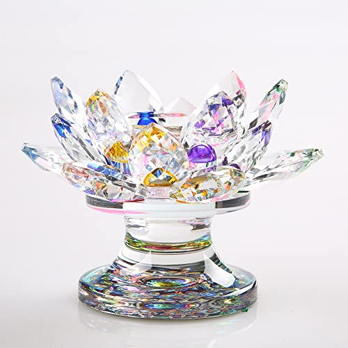 4.5 Inch Crystal Lotus Candle Candle Holder, Glass Candle Holder Lamp Holder Night Light Candle Holder for Altar Window Sill Multicolor