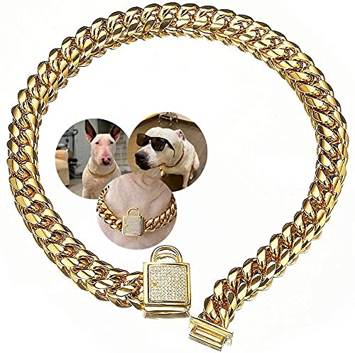Gold Dog Chain Collar 10mm Wide Cuban Link Puppy Collar 316L Stainless Steel with CZ Diamond Lock Bling Collar for Large Medium Small Dogs(10mm Gold,10inches)