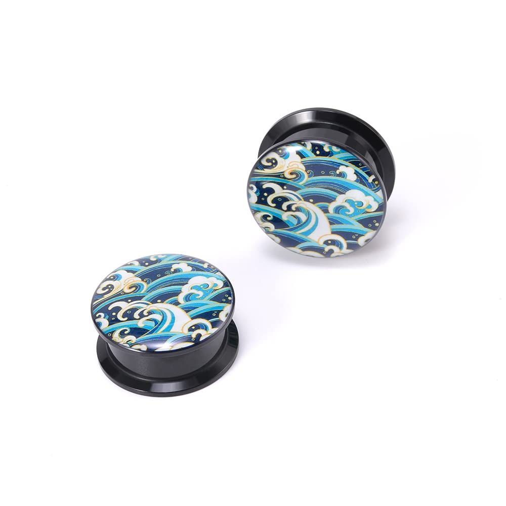 1 Pair Acrylic Solid Screw On Ear Plugs Tunnels Epoxy Allergy Free 2g - 1 Inch Stretcher Japanese Wave Pattern Vector Art Color Drawing For Women For Men Body Piercing Jewelry