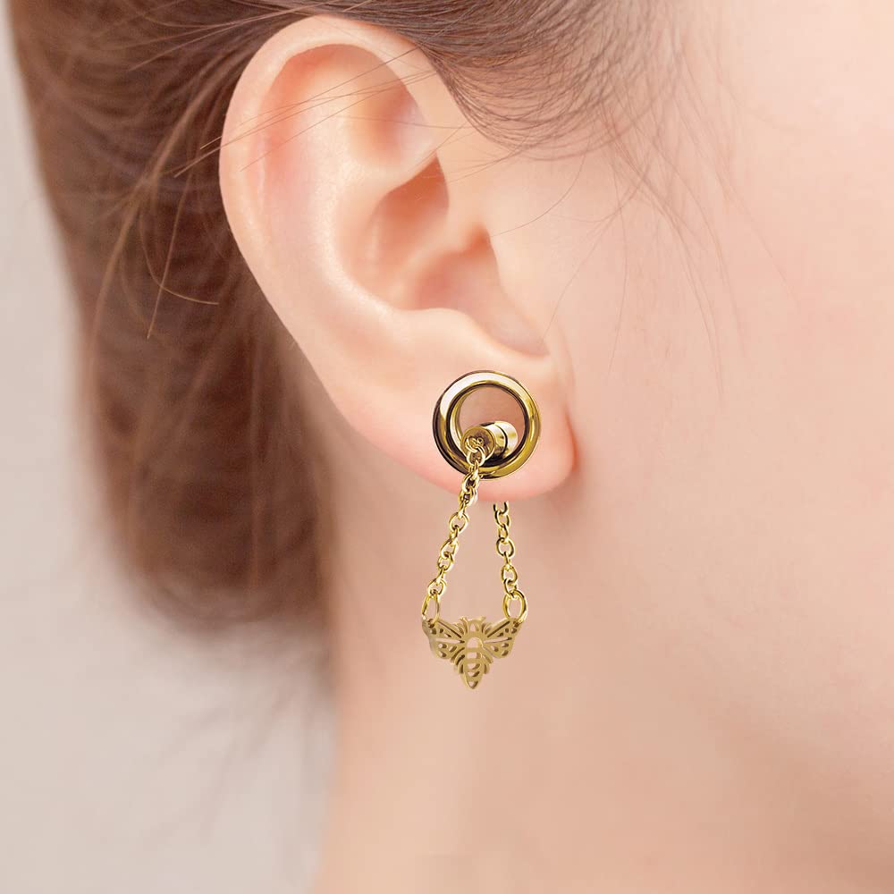 2PCS Stainless Steel Ear Gauges Tunnels Hollow Spider Bee Bat Chain Screw Fit For Men Women 6mm-25mm