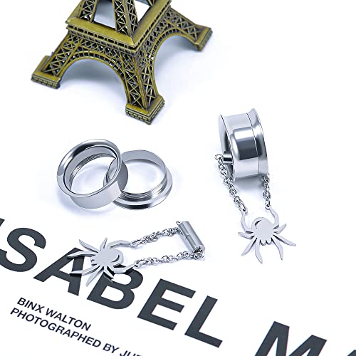 2PCS Stainless Steel Ear Gauges Tunnels Hollow Spider Bee Bat Chain Screw Fit For Men Women 6mm-25mm