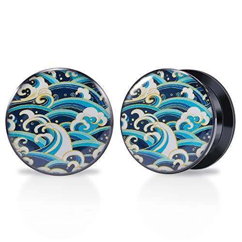 1 Pair Acrylic Solid Screw On Ear Plugs Tunnels Epoxy Allergy Free 2g - 1 Inch Stretcher Japanese Wave Pattern Vector Art Color Drawing For Women For Men Body Piercing Jewelry