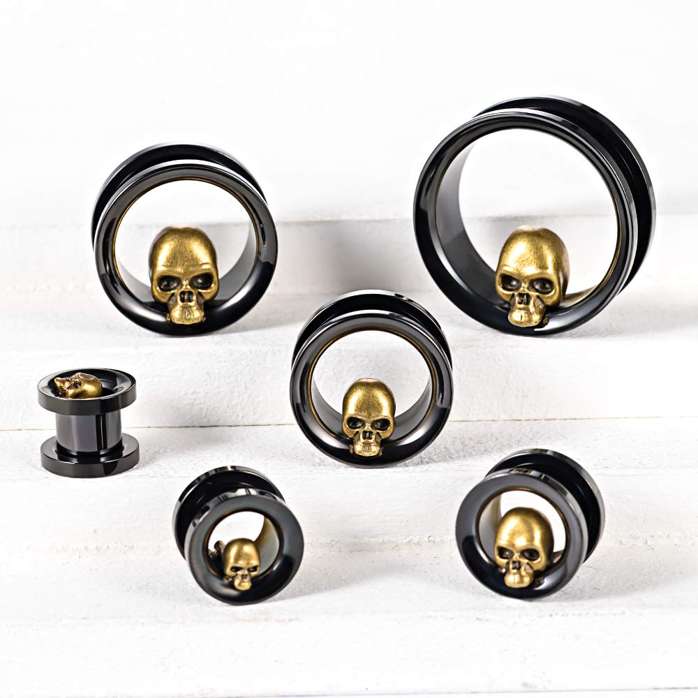 2PCS Stainless Steel Ear Gauges Tunnels Expander Vintage Black Gold Skull 0g-1 inch Body Piercing Jewelry