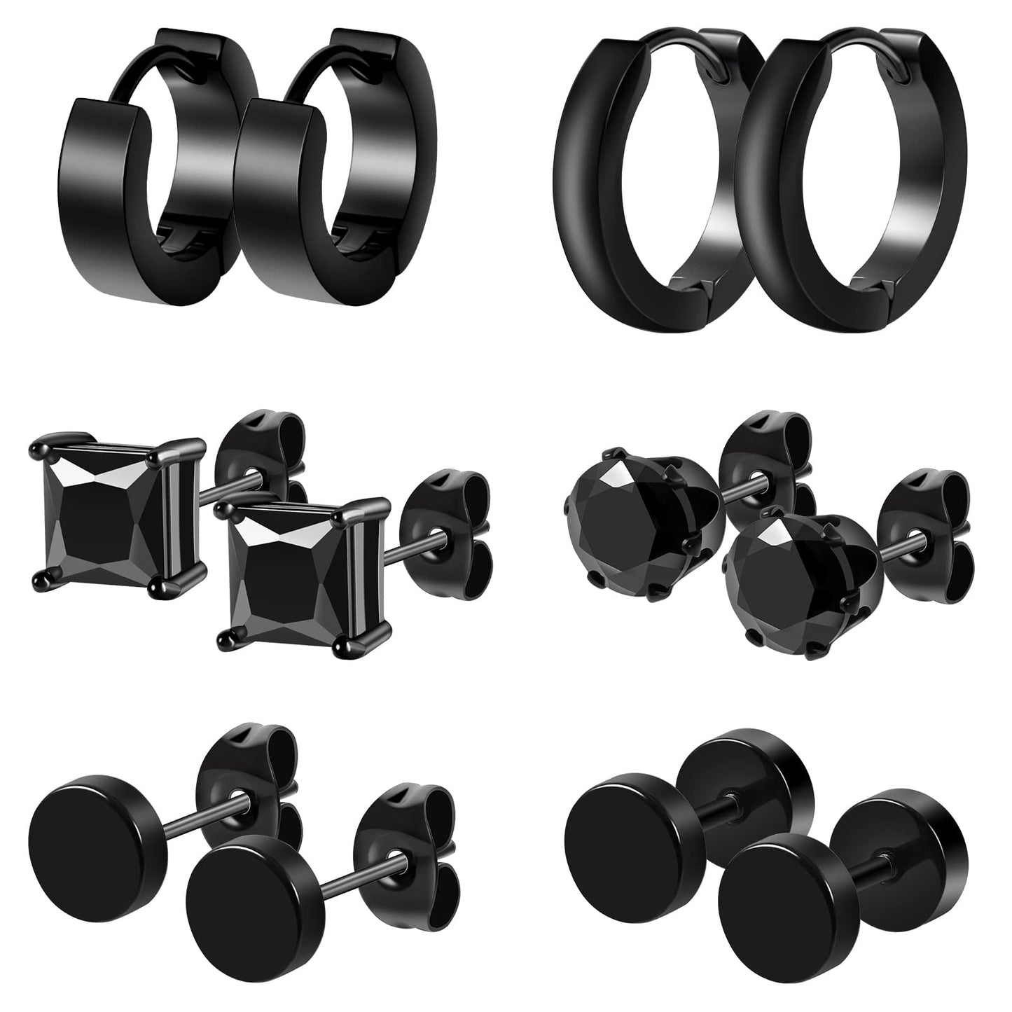 Black Stainless Steel Stud Earrings for Men Women Small Huggie Hoop Earrings Set for Men Cool Goth Punk Earrings Barbell Earrings Black Silver Hoop Cartilage Earring (Classic) (Black Tone)