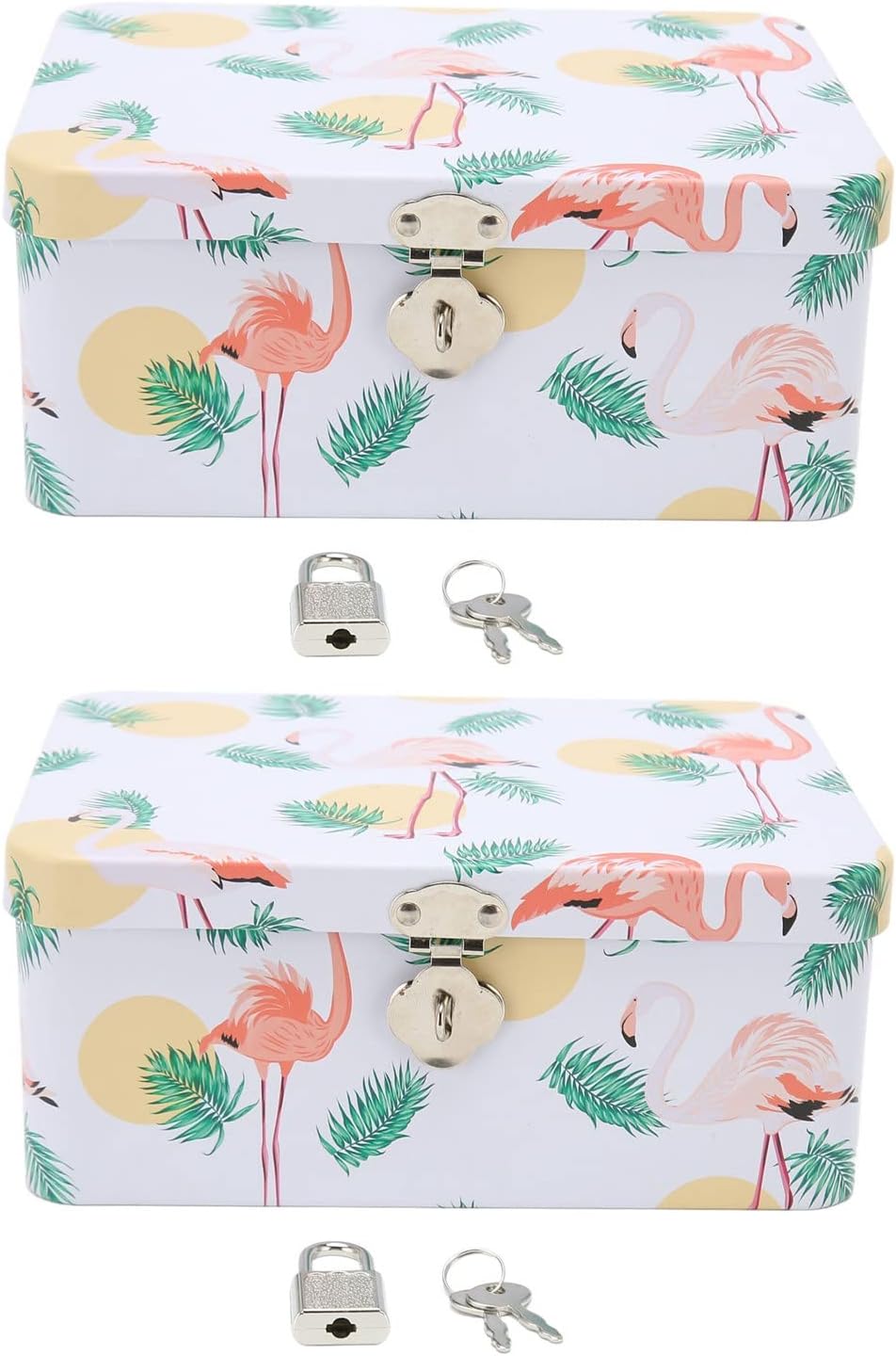 Retro Flamingo Leaves Tinplate Storage Box with Locks Keys Stash Box Lock Box Stash Box With Lock Stash Box Combos Multi-Purpose Rectangular Tin Box