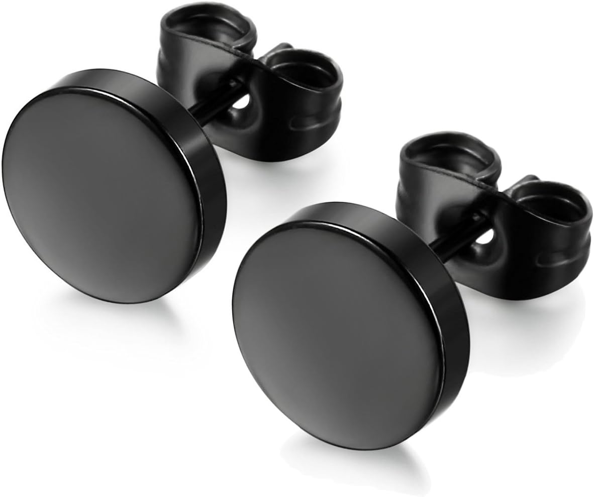 Black Round Stud Earrings Set Stainless Steel Ear Studs for Men Women 6 Pairs 3mm-8mm … (Black)