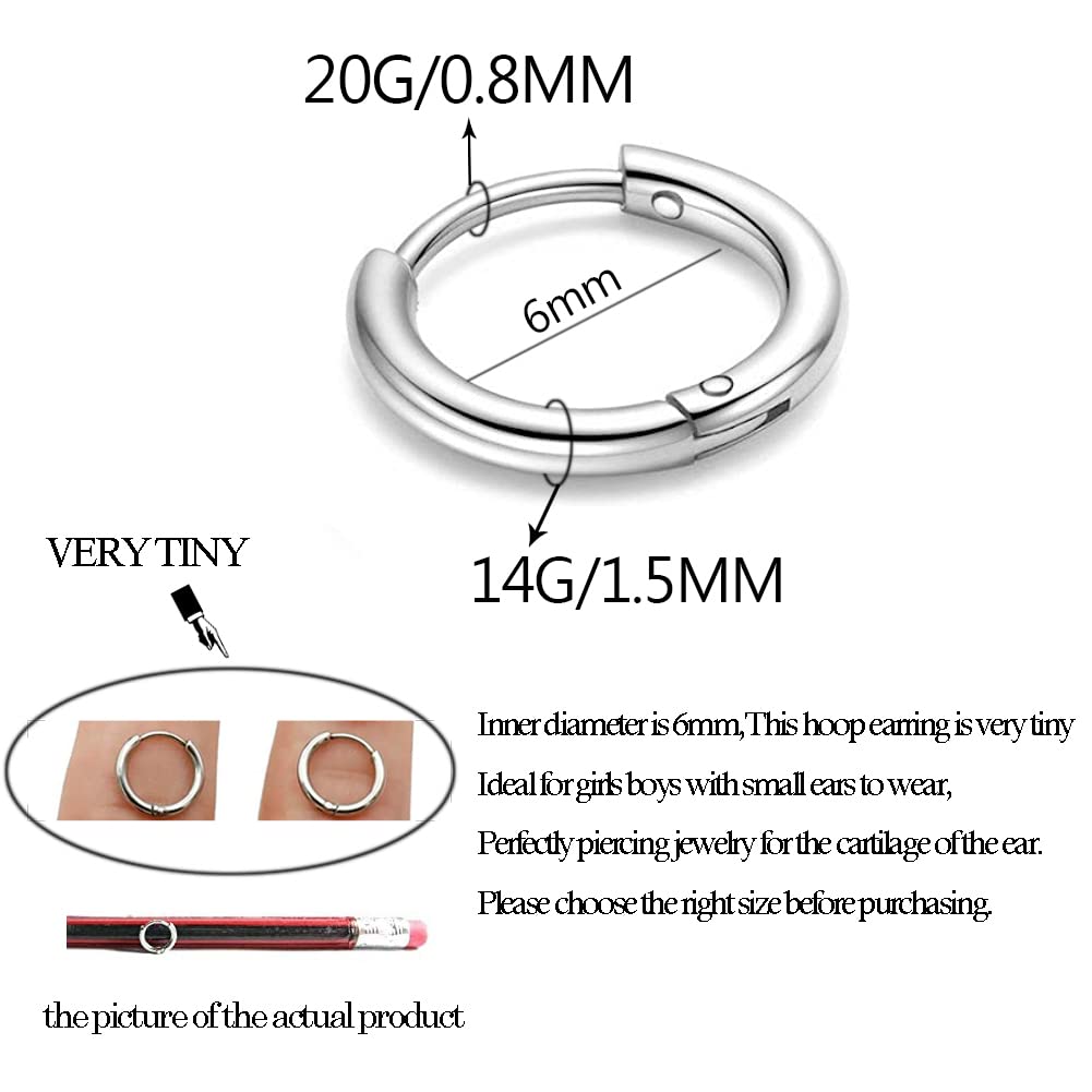 316L Surgical Stainless Steel Huggie Hoop Earrings 6mm 8mm 10mm 11mm 12mm 14mm Hypoallergenic Earrings Hoop Cartilage Helix Lobes Hinged Sleeper Earrings For Men Women Girls