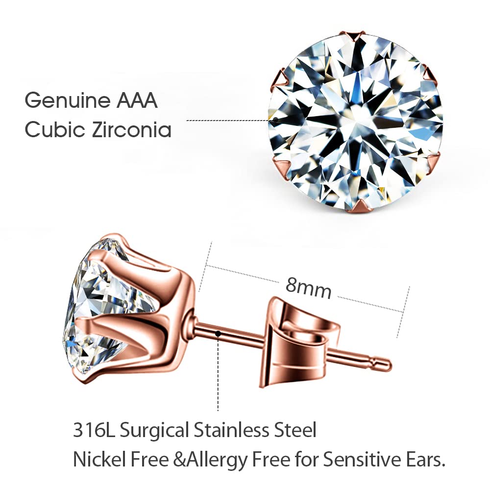 UHIBROS 6 Pairs Stainless Steel Stud Earrings Set Hypoallergenic Cubic Zirconia 14K White Gold 316L CZ Earrings