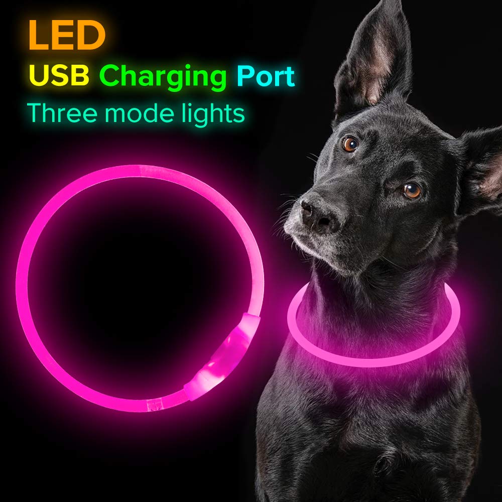 BSeen LED Pet Collar, USB Rechargeable, Glowing for Night Safety, Fashion Light up Collar for Small Medium Large Dogs (Pink)
