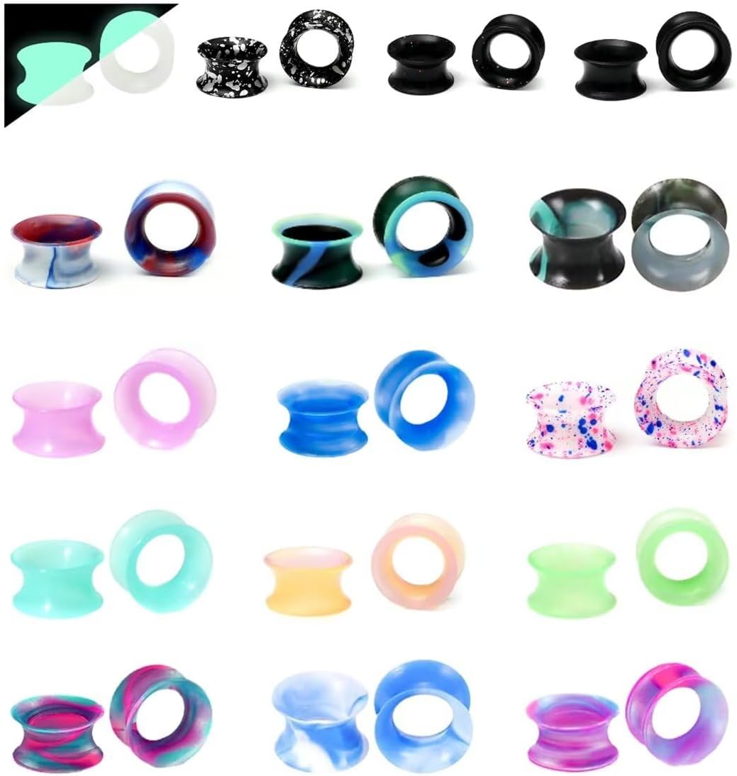 WBRWP 48/32/24/22/20/16/12pcs Ear Tunnels and Plugs - Double Flared Hollow Hard/Soft Silicone Ear Gauges - Ear Expander Stretcher Body Piercing Jewelry 8g-1"