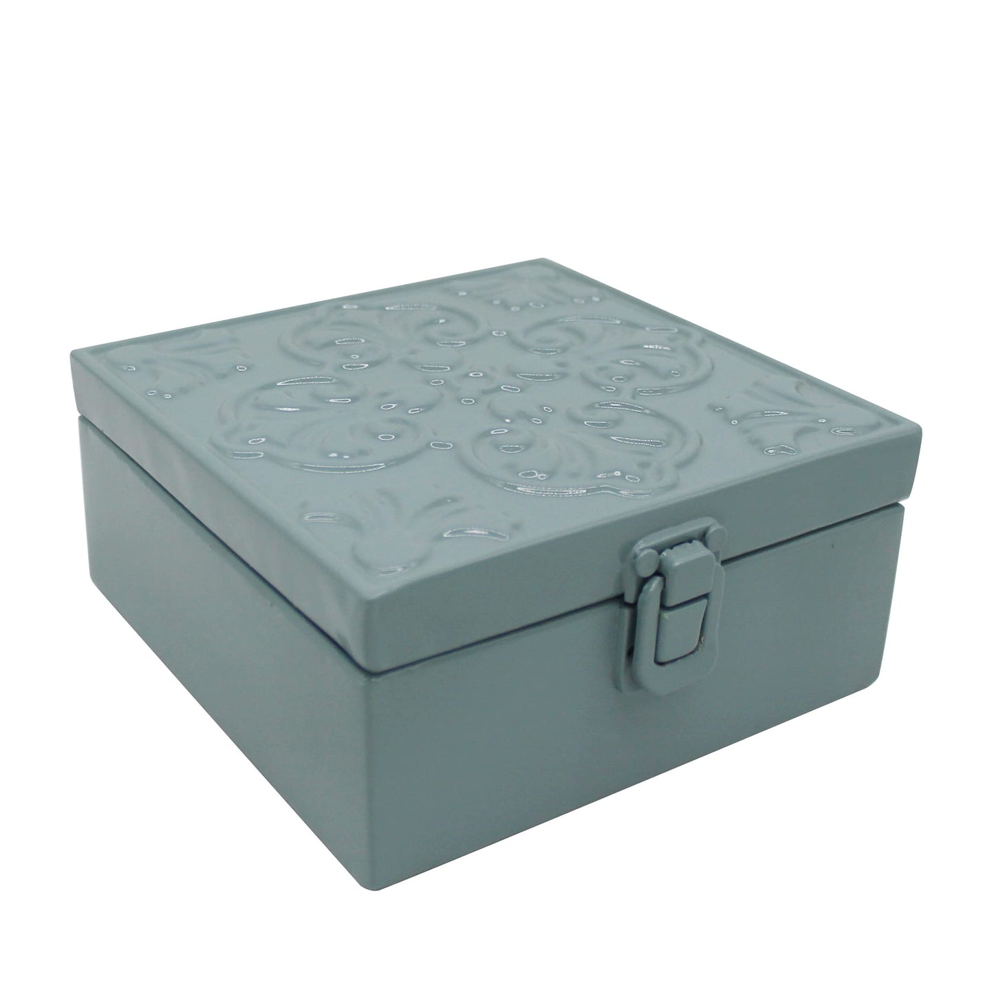 CVHOMEDECO. Rustic Metal Decorative Box Vintage Galvanized Storage Box with Lid and Hinged Square Stash Boxes for Photos, Jewelry, Keepsake and Gifts. Blue