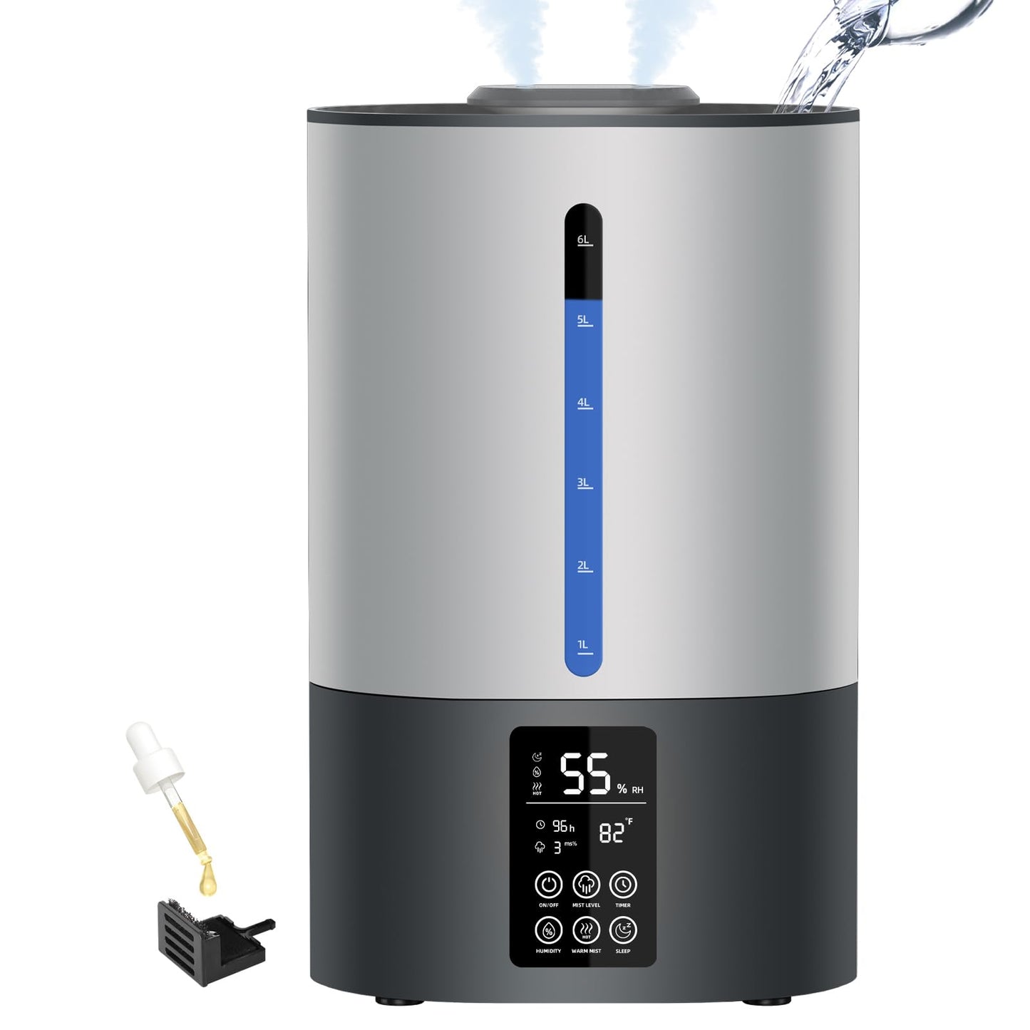 6L Humidifiers for Bedroom Large Room Home, Cool and Warm for Baby and Plants Mist Top Fill Desk Humidifiers Essential Oil Diffuser, Quiet with Adjustable Mist,360°Nozzle-Black