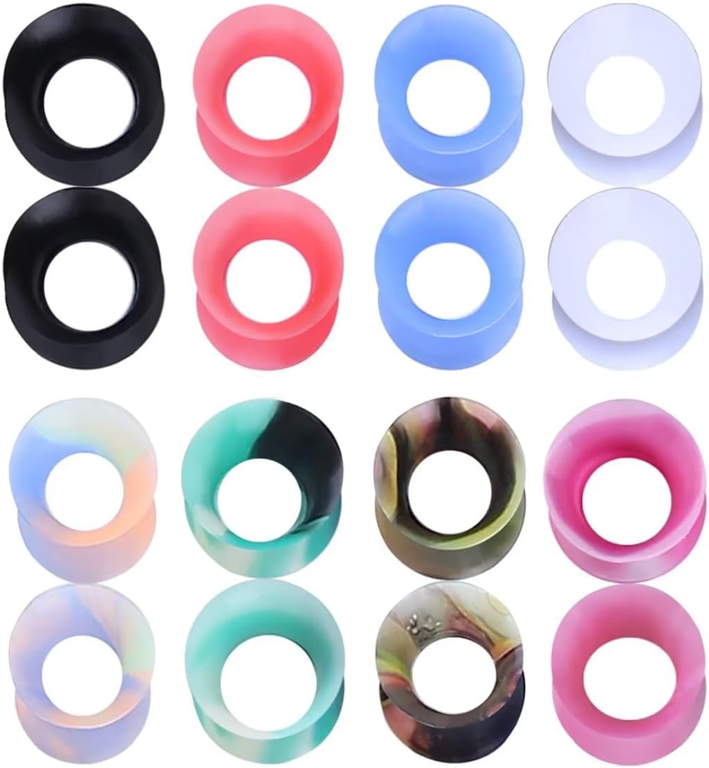 WBRWP 48/32/24/22/20/16/12pcs Ear Tunnels and Plugs - Double Flared Hollow Hard/Soft Silicone Ear Gauges - Ear Expander Stretcher Body Piercing Jewelry 8g-1"