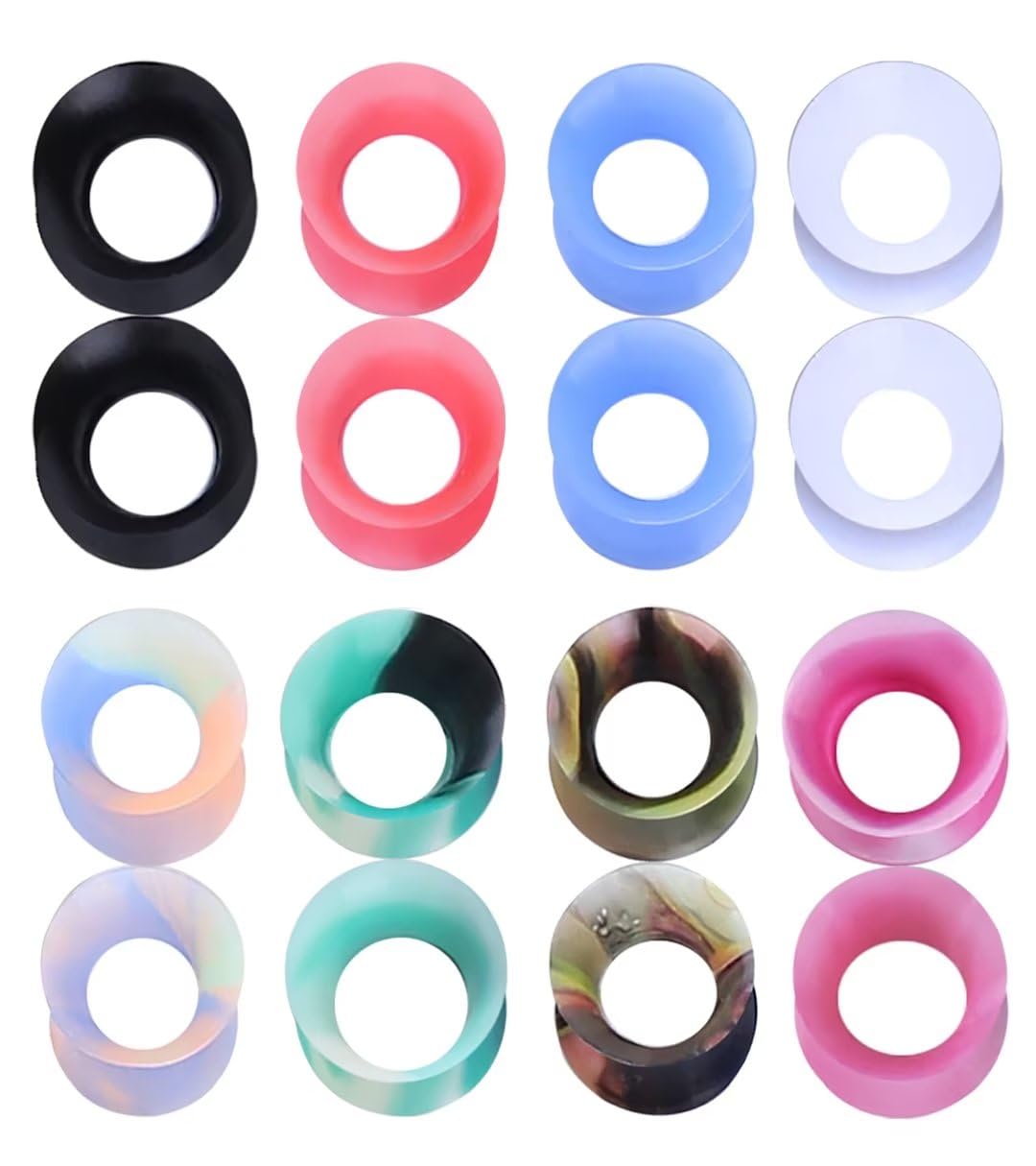 WBRWP 48/32/24/22/20/16/12pcs Ear Tunnels and Plugs - Double Flared Hollow Hard/Soft Silicone Ear Gauges - Ear Expander Stretcher Body Piercing Jewelry 8g-1"