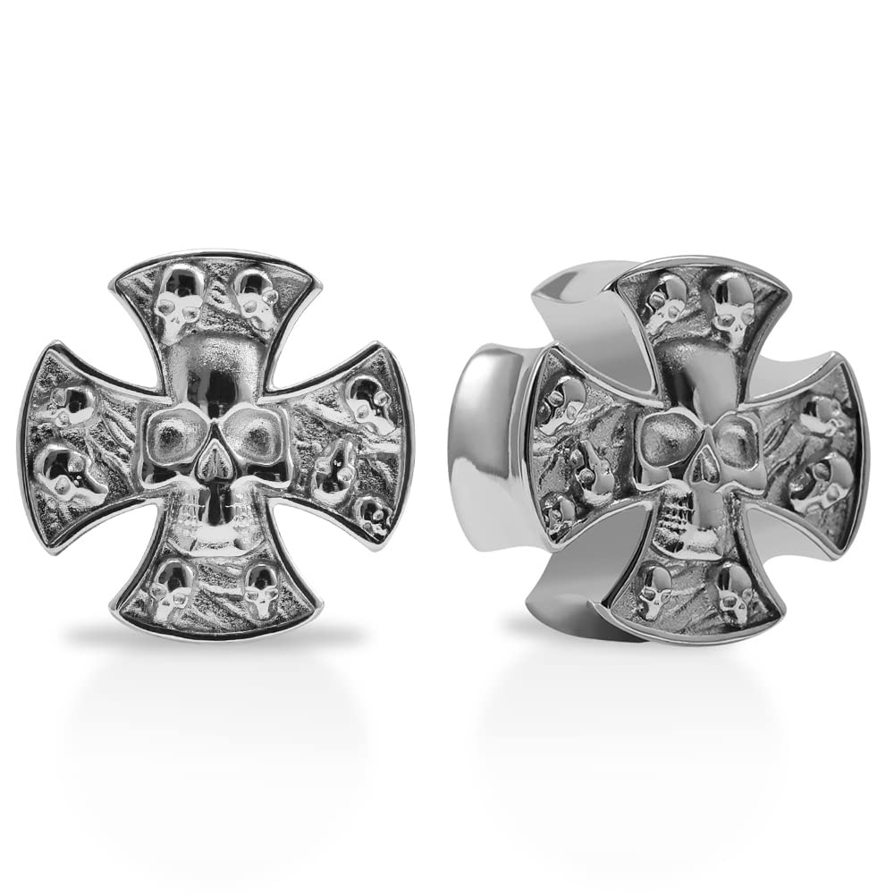 2PCS Stainless Steel 316L Punk Vintage Cross Skull Gauge For Ears Expander Stretcher Ear Tunnels Upgrade Saddle Plugs Double Flared Guage For Women Men 0g-1"