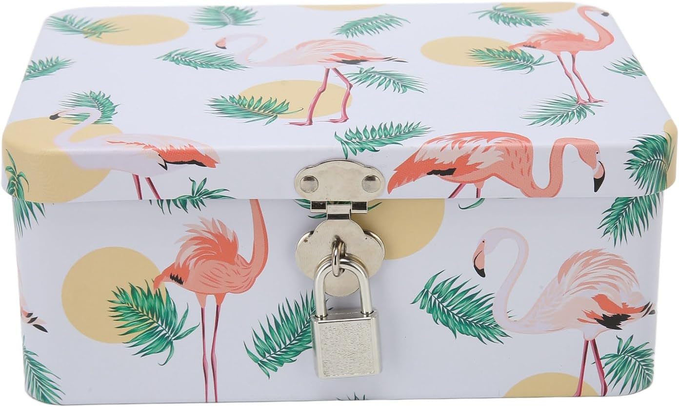 Retro Flamingo Leaves Tinplate Storage Box with Locks Keys Stash Box Lock Box Stash Box With Lock Stash Box Combos Multi-Purpose Rectangular Tin Box