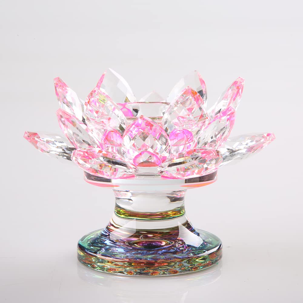 4.5 Inch Crystal Lotus Candle Candle Holder, Glass Candle Holder Lamp Holder Night Light Candle Holder for Altar Window Sill Multicolor