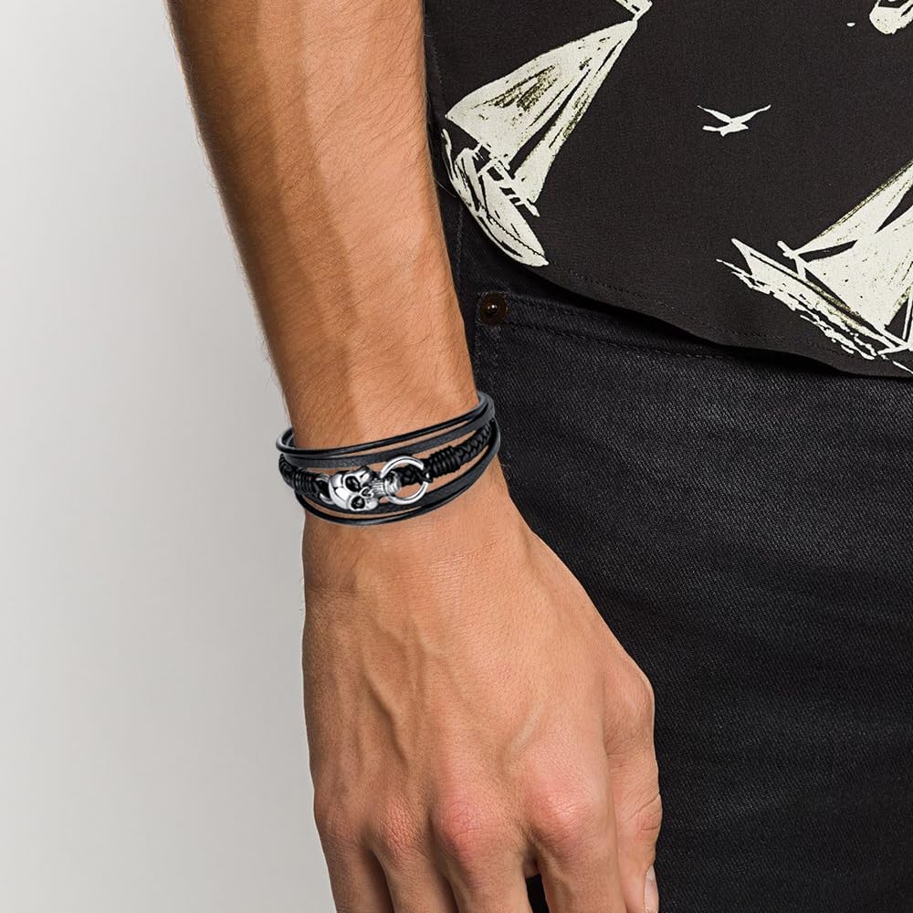 Mens Skull Bracelet Black Braided Leather Cuff Bangle Stainless Steel Punk Gifts for Men