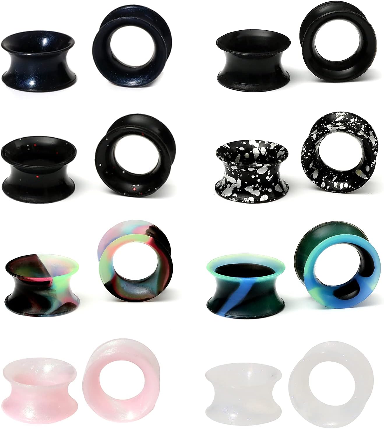 WBRWP 48/32/24/22/20/16/12pcs Ear Tunnels and Plugs - Double Flared Hollow Hard/Soft Silicone Ear Gauges - Ear Expander Stretcher Body Piercing Jewelry 8g-1"