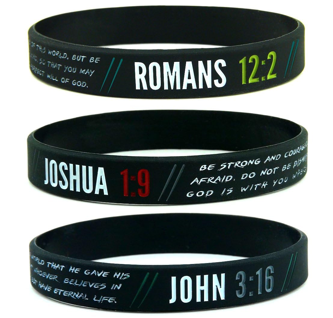 Christian Wristbands for Guys (6-pack) - John 3:16, Romans 12:2, and Joshua 1:9 - Religious Bible Gifts for Him Christian Men