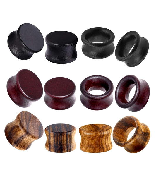 12pcs Vintage Natural Brown Black Wood Organic Ear Tunnel Plugs Stretcher Gauges for Men and Women Hollow Solid Wooden Gauges For Ear