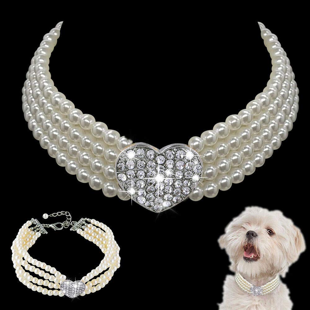 Dogs Kingdom 4 Rows Dog Cat Pearls Necklace Bling Rhinestone Heart Decor Collar Necklace Pet Puppy Jewelry Accessories,White,L:12-14" Neck