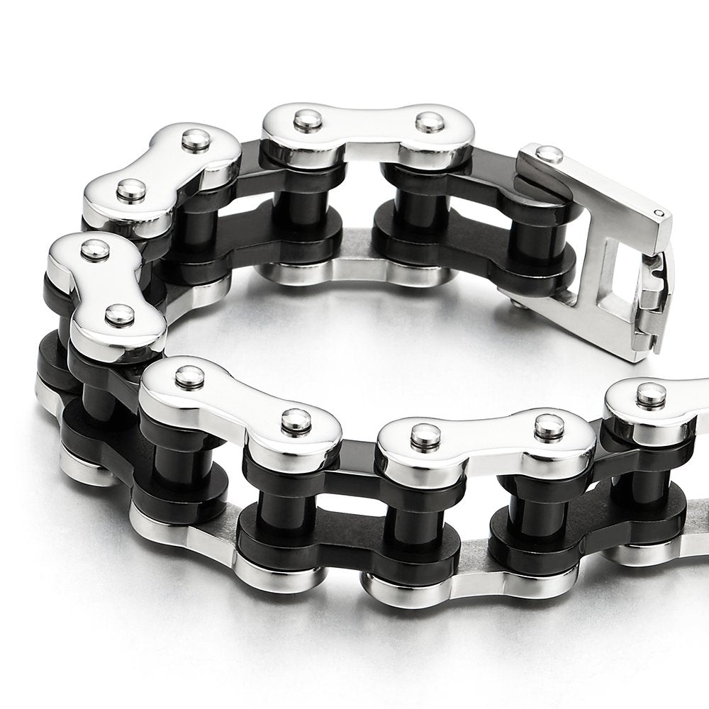COOLSTEELANDBEYOND Heavy Sturdy Mens Motorcycle Chain Bike Chain Bracelet of Stainless Steel Silver Color Polished
