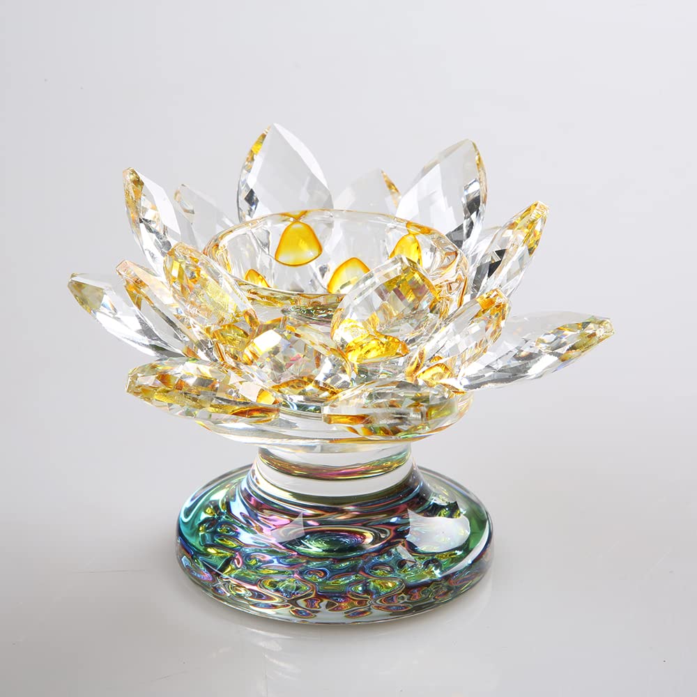 4.5 Inch Crystal Lotus Candle Candle Holder, Glass Candle Holder Lamp Holder Night Light Candle Holder for Altar Window Sill Multicolor