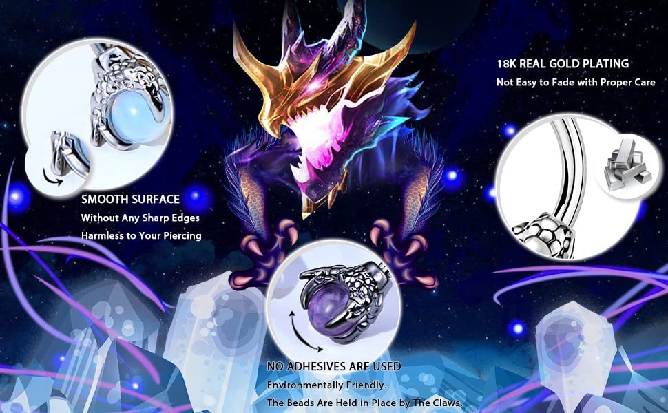 OUFER 316L Surgical Steel Circular Earrings Two White Opals Surrounded by Dragon Claws Cartilage Earing Ear Body Piercing Jewelry Helix Earrings Piercing…