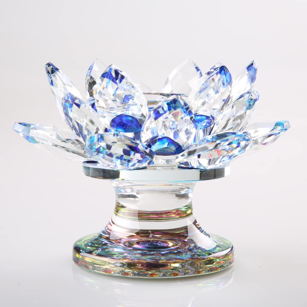 4.5 Inch Crystal Lotus Candle Candle Holder, Glass Candle Holder Lamp Holder Night Light Candle Holder for Altar Window Sill Multicolor