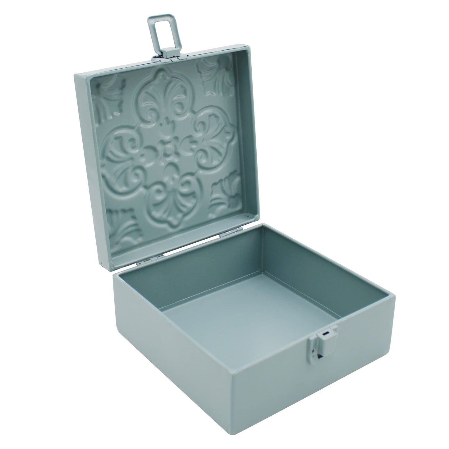 CVHOMEDECO. Rustic Metal Decorative Box Vintage Galvanized Storage Box with Lid and Hinged Square Stash Boxes for Photos, Jewelry, Keepsake and Gifts. Blue