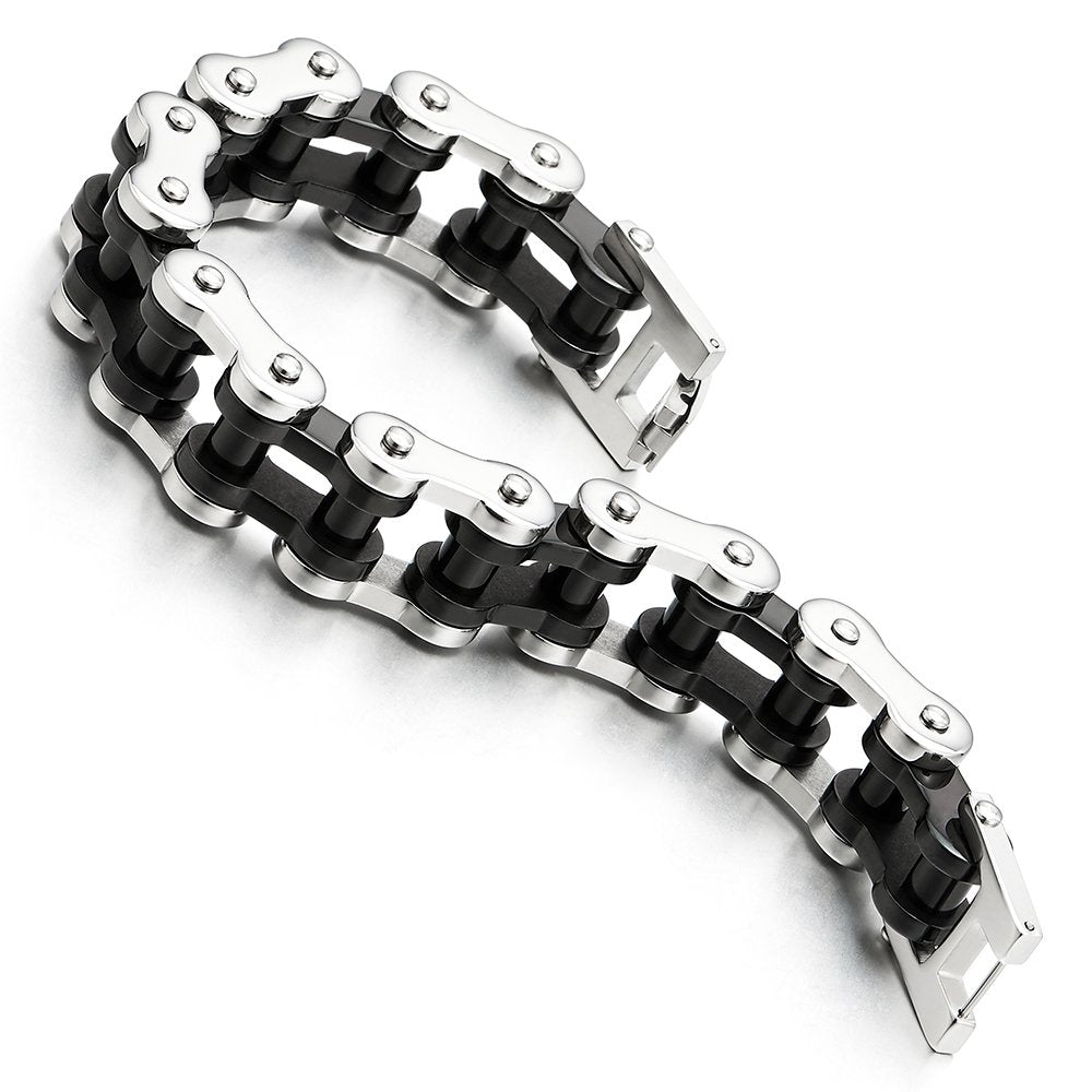 COOLSTEELANDBEYOND Heavy Sturdy Mens Motorcycle Chain Bike Chain Bracelet of Stainless Steel Silver Color Polished
