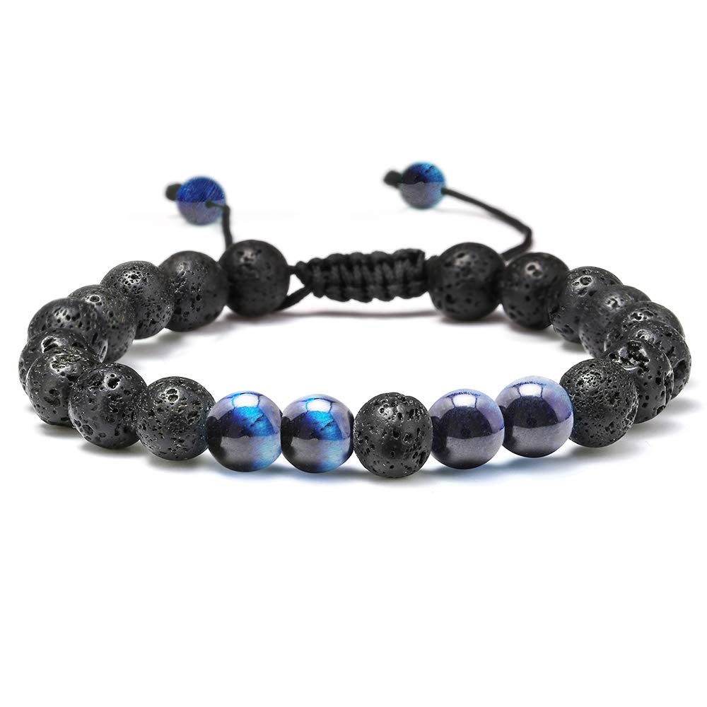 M MOOHAM Natural Stone Bracelets for Men - 8mm Tiger Eye | Matte Agate | Lava Rock Bracelets for Men Teen Boys Gifts Fathers Day Anniversary Birthday Gifts for Him