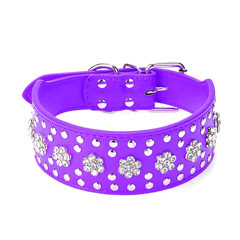 Rhinestones Dog Collars Flower Pattern Rhinestone Studded Leather Sparkly Crystal Diamonds Dazzling Elegant Fancy PU Leather Dog Collar for Medium & Large Dogs (M:17-20 inch, Purple)
