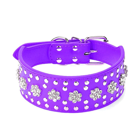 Rhinestones Dog Collars Flower Pattern Rhinestone Studded Leather Sparkly Crystal Diamonds Dazzling Elegant Fancy PU Leather Dog Collar for Medium & Large Dogs (M:17-20 inch, Purple)