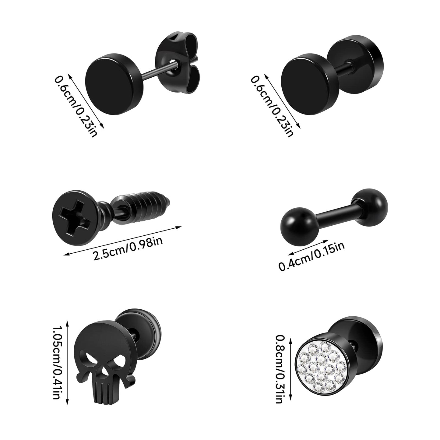Black Stainless Steel Stud Earrings for Men Women Small Huggie Hoop Earrings Set for Men Cool Goth Punk Earrings Barbell Earrings Black Silver Hoop Cartilage Earring (Classic) (Black Tone)