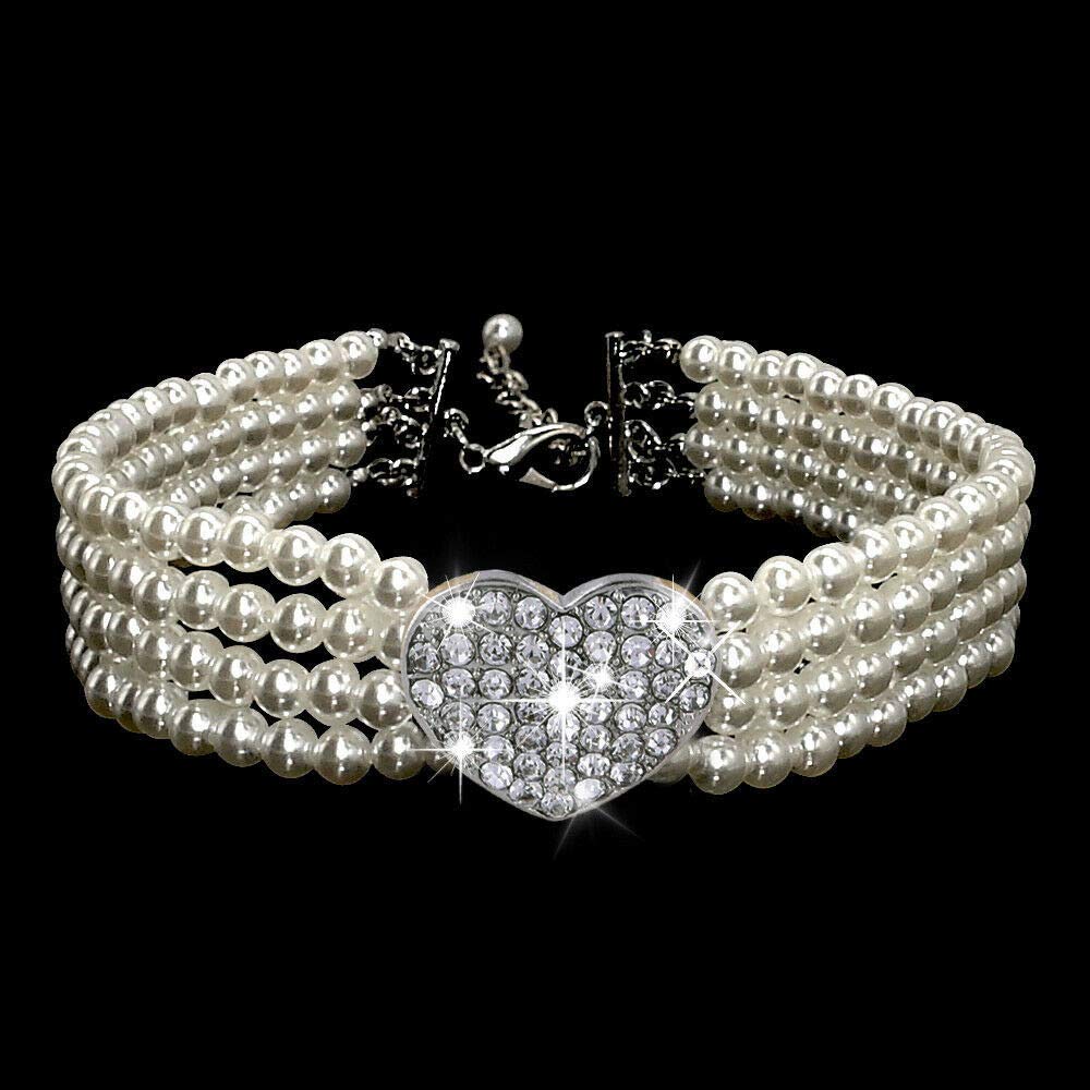 Dogs Kingdom 4 Rows Dog Cat Pearls Necklace Bling Rhinestone Heart Decor Collar Necklace Pet Puppy Jewelry Accessories,White,L:12-14" Neck